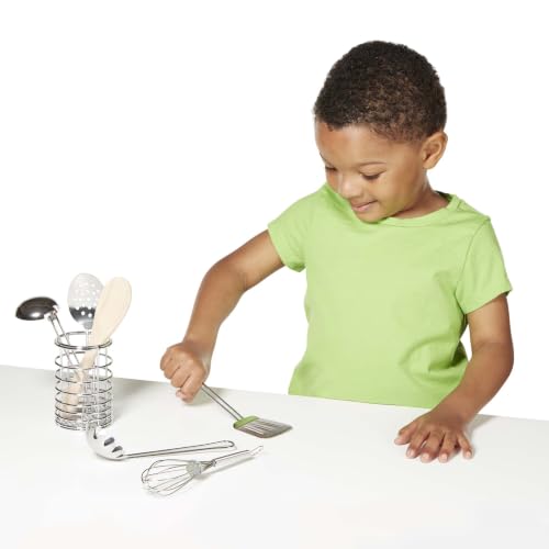 Melissa & Doug Stir & Serve Cooking Utensils (7 pcs) - Stainless Steel & Wooden Play Kitchen Accessories, Preschool Learning Toys for Girls & Boys 3+