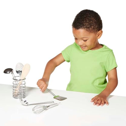 Melissa & Doug Stir & Serve Cooking Utensils (7 pcs) - Stainless Steel & Wooden Play Kitchen Accessories, Preschool Learning Toys for Girls & Boys 3+