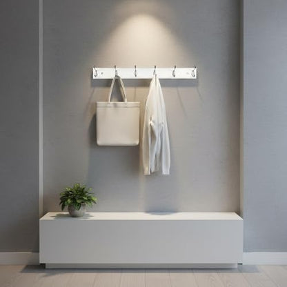 Wooden Wall Mounted Coat Rack – 25 Inch (65vcm), White with 6 Silver Hooks for Entryway, Hallway, Bedroom - size: Medium-25.6in(65cm),6 Silver Hooks, style: Modern