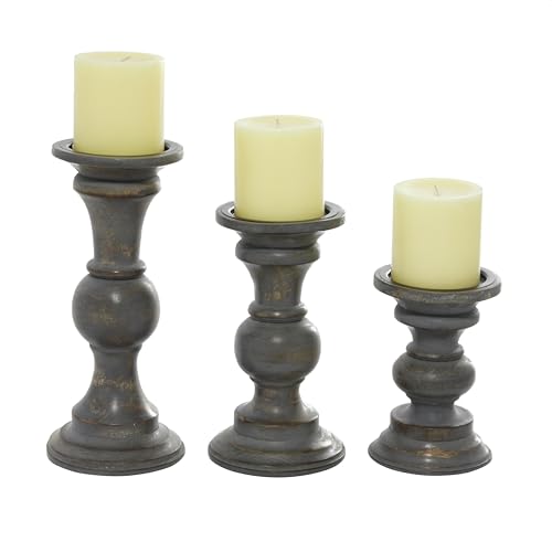 Deco 79 Wood Decorative Candle Holder Candle Stand, Set of 3 Candlestick Holder 6", 8", 10"H, Dark Gray