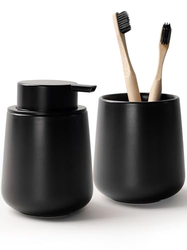 Bosilunlife Soap and Toothbrush Holder Set - Ceramic Bathroom Accessories Set Black Foaming Hand Soap Dispenser Set Bathroom Counter Toothbrush Holder and Soap Dispenser Set - color: Black-rounded Base Foam
