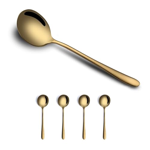 Round Stainless Steel Bouillon Spoons Soup Spoon, Gold Stainless Steel Large, Heavy-Weight Deep Bowl Spoon Set, Dinner Metal Spoons Set Grain Dessert Milk, Set of 4 - size: 4 pcs Gold