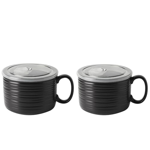 Nihow 35 OZ Ceramic Soup Bowl with Handle and Lid, Matte Black, 2 PCS | Large, Microwave & Dishwasher Safe, Big Ramen Bowl, Oversized Cereal Bowl for Soup, Noodles, Stew, Oatmeal - color: Matte Black, size: 35 OZ+35 OZ