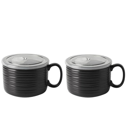 Nihow 35 OZ Ceramic Soup Bowl with Handle and Lid, Matte Black, 2 PCS | Large, Microwave & Dishwasher Safe, Big Ramen Bowl, Oversized Cereal Bowl for Soup, Noodles, Stew, Oatmeal - color: Matte Black, size: 35 OZ+35 OZ