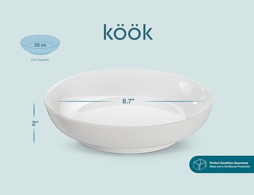 KooK Pasta Bowl, Set of 6, Salad Bowl, Large, Ceramic, Microwave and Dishwasher Safe, for Soups, Shallow Serving Bowls, 32 oz, (White) - color: White