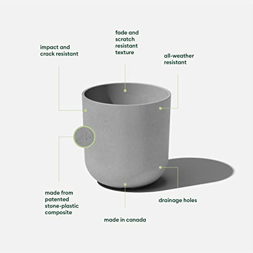Veradek Round Lima Plastic Planter Pots for Indoor/Outdoor Garden Use, Gray, Suitable for Small to Large Succulent Plants, Flowers, Modern Interior Plants | Made From a Durable Plastic-Stone Composite With Pre-Drilled Drainage Holes. Modern Porch/Patio Dé