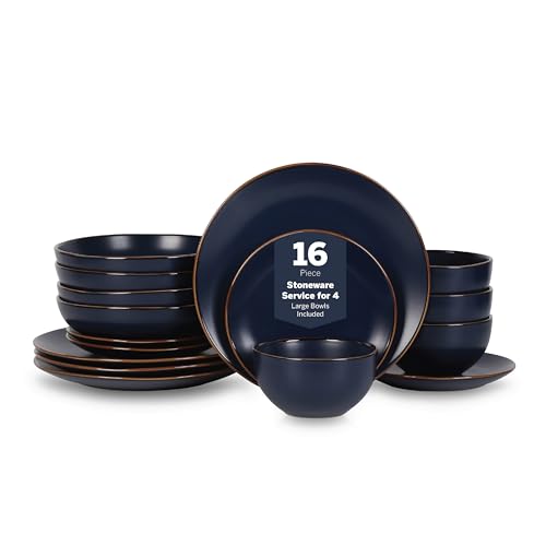 Stone Lain Brasa Stoneware 16 Piece Modern Dinnerware Sets, Plates and Bowls, Service for 4, Blue, Microwave & Dishwasher Safe - color: Blue, size: 16-Piece Service for 4