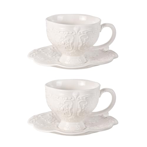 KAMMAK Tea Cups and Saucers Set of 2, 7.8 oz Porcelain Coffee Cups, 565N | Stackable Espresso Mugs, Ceramic Demitasse for Coffee, Cappuccino, Latte, Americano, Tea - size: 7KPSP565N