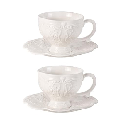 KAMMAK Tea Cups and Saucers Set of 2, 7.8 oz Porcelain Coffee Cups, 565N | Stackable Espresso Mugs, Ceramic Demitasse for Coffee, Cappuccino, Latte, Americano, Tea - size: 7KPSP565N