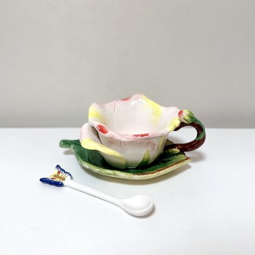 Ceramic Tea Cup and Saucer Set ，6OZ 3D Hand-Painted Flower and Lotus Leaf Coffee Mug，Gift for Women- Champagne Rose - color: Champagne Rose