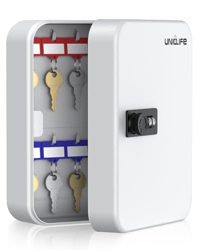 Uniclife 20 Position Key Cabinet with Combination Lock Resettable White Digital Security Storage Box Steel Key Organizer with Colorful Key Tag Labels Stickers and Hooks - color: White, size: 20 Keys