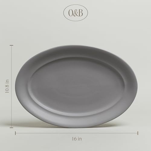 over&back Rim Stoneware Serving Platter - Elegant 1-Piece Oval Serving Platter to Complete Your Kitchen Set - 16" L x 10.8" W Semi-Matte Charcoal - color: Gray