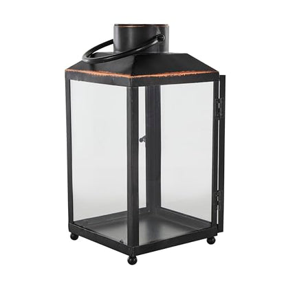 Deco 79 Metal Modern Candle Lantern with Gold Accents, 8" x 7" x 14", Black - size: 8" x 7" x 14