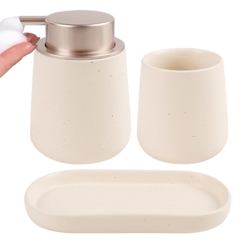 BosilunLife Ceramic Bathroom Accessories Set 3 Pcs | Foaming Soap Dispenser and Toothbrush Holder with Tray, Modern Farmhouse Vanity Decor, Apricot Housewarming Gift - color: Apricot, style: Foam