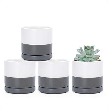 D'vine Dev 4-Pack Ceramic Pots with Saucers, White/Grey, 3.5 in, 94-X-A-6 | Glazed Ceramic, Drainage Hole and Saucer, Sleek Cylinder Shape, High Temperature Fired, Ideal for Small Houseplants - color: White/Speckled Grey, size: 3.5 Inch