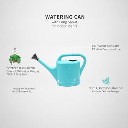 Long Spout Watering Can for Indoor Plants, Lightweight Blue PP Plastic with Narrow Tip for Precise Pouring - size: 15.35 x 3.74 x 12.2 in