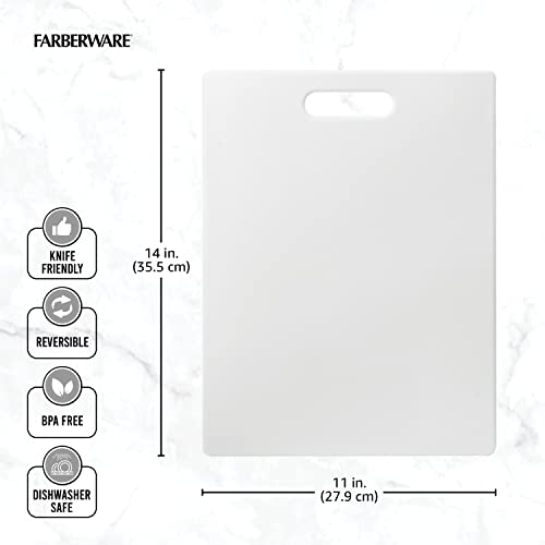 FARBERWARE Large Cutting Board, Dishwasher- Safe Plastic Chopping Board for Kitchen with Easy Grip Handle, 11in by 14in, White - size: 11"L x 14"W