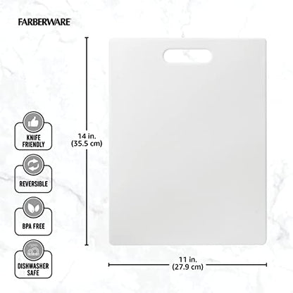 FARBERWARE Large Cutting Board, Dishwasher- Safe Plastic Chopping Board for Kitchen with Easy Grip Handle, 11in by 14in, White - size: 11"L x 14"W
