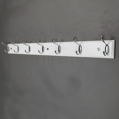 Wood Wall Mounted Coat Rack 32 inch (80cm) with 7 Silver Hooks, Lang Wooden White Wall Coat Hook Rack for Entrance, Hallway, Bedroom, White Wall Clothes Hanger - size: Long-31.5in(80cm),7 Silver Hooks, style: Modern
