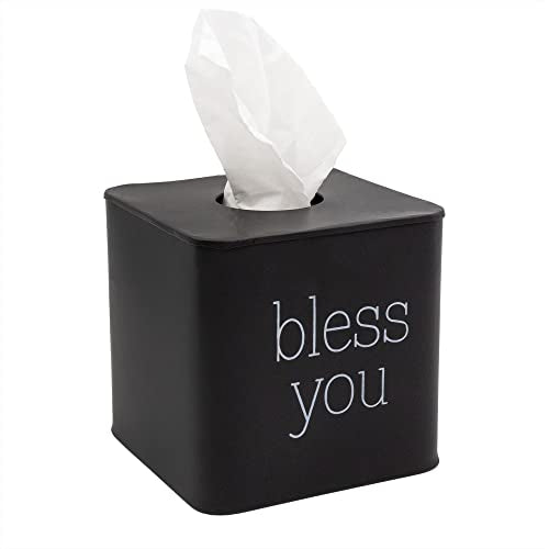 AuldHome Design Square Tissue Box Cover (Black); Modern Farmhouse Enamelware Tissue Holder - color: Black With "Bless You"