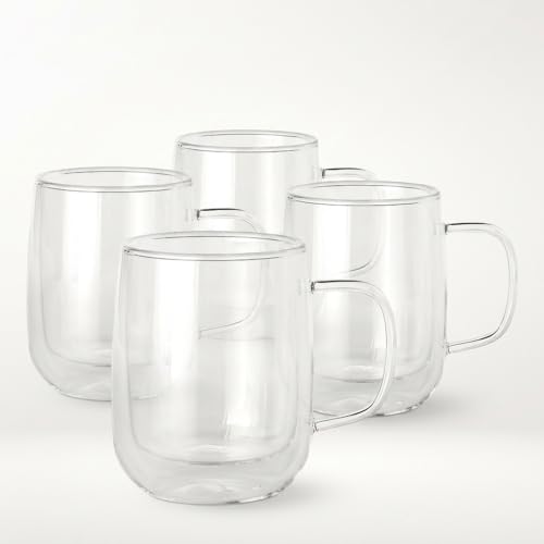 COLLECTIVE HOME 14oz Double Walled Glass Coffee Mugs, Set of 4 - Insulated Clear Glass Cups with Handle, Premium Gift Boxed, Heat Resistant Borosilicate Glassware for Latte, Americano & Tea (4)