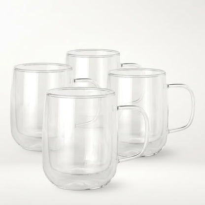 COLLECTIVE HOME 14oz Double Walled Glass Coffee Mugs, Set of 4 - Insulated Clear Glass Cups with Handle, Premium Gift Boxed, Heat Resistant Borosilicate Glassware for Latte, Americano & Tea (4)