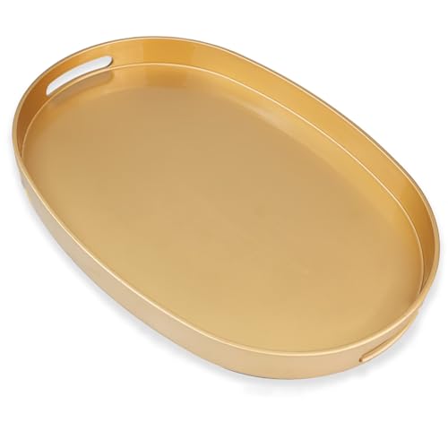 Gold Oval Decorative Tray with Handles, Versatile Serving Tray for Coffee Table, Ottoman, Ideal for Serving, Displaying, Organizing, 15.3"*10.6"*1.37" - color: Oval Gold, size: 15.5" x 10.6" x 1.4"