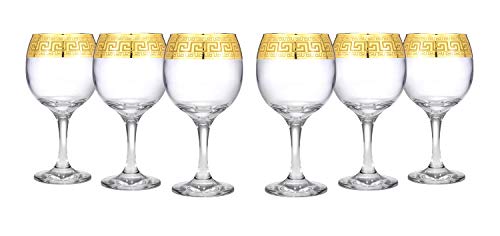 WORLD GIFTS Gold Rimmed Wine Goblet 6-piece Glass Set Greek Key Pattern Contemporary Drinkware - color: Wine