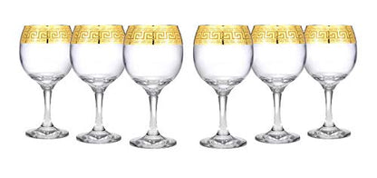 WORLD GIFTS Gold Rimmed Wine Goblet 6-piece Glass Set Greek Key Pattern Contemporary Drinkware - color: Wine