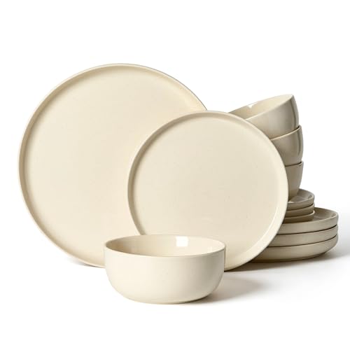 Famiware Milkyway 12-Piece Stoneware Dinnerware Set, Almond Milk | Plates and Bowls for 4, Dish Set for Everyday & Formal Dining, Microwave & Dishwasher Safe, Chip & Scratch Resistant - color: Almond Milk, size: Service for 4 (Standard Dinner Set)
