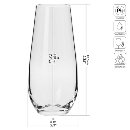 Krosno Champagne & Drink Glasses from the Harmony Collection | Set of 6 | 7.8 oz | Crystal Clear | For Home, Restaurant & Parties | Dishwasher Safe | Lead-Free Crystal Glass | Stemless Drinking Glasses, Drinking Glasses for Prosecco, Mocktails, Mimosa, Le
