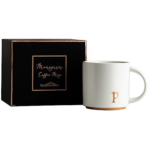 COLLECTIVE HOME Ceramic Coffee Mug, 15 oz Monogram Cup with Gift Box(P) | Dishwasher Safe, Engraved Gold Letter , Personalized Housewarming Birthday Present, Christmas Thanksgiving Mothers Day Gifts - color: gold-p