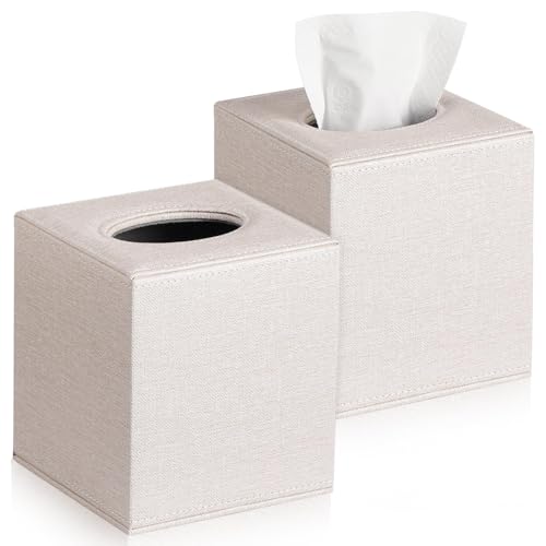 VZZNN 2 Pack Tissue Box Cover Square - Modern Cube Tissue Holder with Magnetic Base, Decorative Tissue Organizer for Bathroom Vanity, Dresser, Countertop, Bedroom, Office, and Car, Beige - color: Beige, 2 Pack