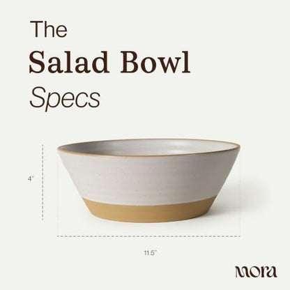 MORA Giant Salad Bowl Set with Wood Salad Servers, 4 qt Large Ceramic Serving Bowl for Salad, Pasta & Fruit, Microwave, Oven and Dishwasher Safe - Cloud - color: Cloud