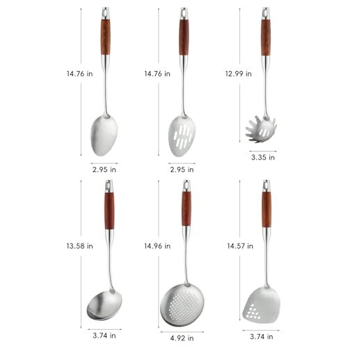 Izurok 18/10 Stainless Steel Kitchen Utensils Set,6 Piece Cooking Utensils With Wood Handle,Heat Resistant Kitchen Tool Set With Spatula, Spoon, Ladle, Skimmer, Slotted Spoon, Pasta - color: SILVER-6 Pieces, size: Large