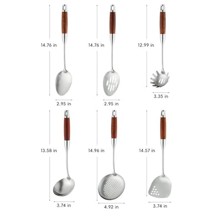 Izurok 18/10 Stainless Steel Kitchen Utensils Set,6 Piece Cooking Utensils With Wood Handle,Heat Resistant Kitchen Tool Set With Spatula, Spoon, Ladle, Skimmer, Slotted Spoon, Pasta - color: SILVER-6 Pieces, size: Large