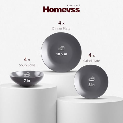 Stoneware Two-Tone Colors Life 12pc Dinner Set，Outside Shiny Black + Inside Matte Glaze Warm Grey - color: Warm Grey, size: 12pc Set