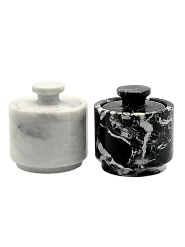 Premium Marble Salt Cellar with Lid 2 Pack | 3.5 oz Kitchen Storage Container | Elegant Cooking Salt Box | Spice Jar Keeper for Counter (White Black Zebra) - color: White Black Zebra