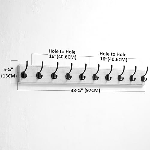 Coat Rack Wall Mount: 38-1/4" Long, Patented, Heavy-Duty, 10-Double-Hooks Wooden Hanger Rail for Winter Coats Hat Jacket Clothing, White & Black - color: White & Black, size: L=38.3"(1pcs)