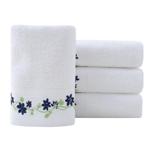 Hand Towels Set of 4 Embroidered Floral Pattern 100% Cotton Absorbent Soft Decorative Towel for Bathroom (White Pattern 5) - color: 4 White Pattern 5