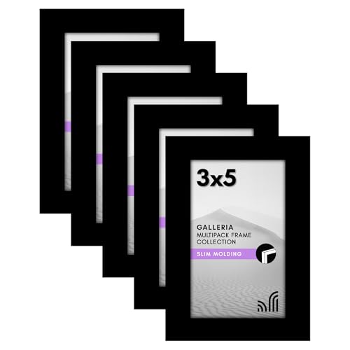 Americanflat 3x5 Picture Frame 5-Pack - Slim Molding - Black | Polished plexiglass front, wall or tabletop display with included easel, hanging hardware included, secure turn-tab backing - color: Black, size: 3x5