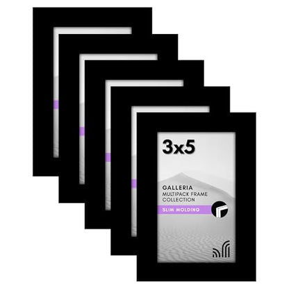 Americanflat 3x5 Picture Frame 5-Pack - Slim Molding - Black | Polished plexiglass front, wall or tabletop display with included easel, hanging hardware included, secure turn-tab backing - color: Black, size: 3x5
