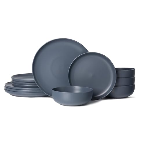 12-Piece Stoneware Dinnerware Set with Mugs | Microwave and Dishwasher Friendly | Stackable Matte Glaze Plates & Bowls | Service for 3 (Blue for 4) - color: Blue for 4