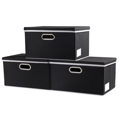 Storage Boxes with Lids [3-Pack] Fabric Collapsible Storage Bins Organizer Containers Baskets Cube with Cover for Home Bedroom Closet Office Nursery Black（11.4X8.6X6.7 - color: Black, size: S(3-Pack)