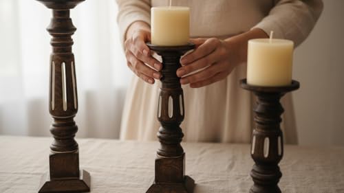 Pillar Candle Holders Set of 3, Candle Holders for Pillar Candle,Mango Wood Candle Holder for Coffee Dining Table, Wedding, Christmas, Halloween, Home Decoration,Brown