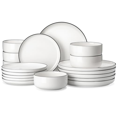 MALACASA 18 Pcs Porcelain Plates and Bowls Sets,Dinnerware Set for 6,White | Modern Ceramic Dishware Set,Kitchen Dining Ware,Microwave and Dishwasher Safe,Simple White with Black Trim Design,Series LUNA - color: Ivory White-Black Rim, size: 18 Pcs (Servic