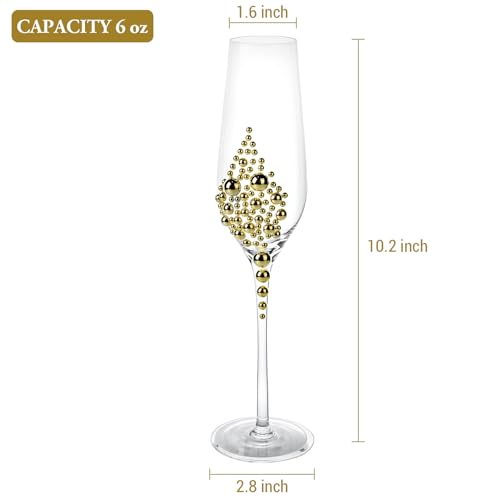 MyGift Champagne Flutes 6 oz, Clear Glass Stemmed Toasting Glasses with Faux Gold Pearls – Wedding, Bridal Shower & Bachelorette Party Glassware Set of 4 - color: Gold