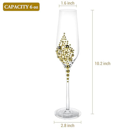 MyGift Champagne Flutes 6 oz, Clear Glass Stemmed Toasting Glasses with Faux Gold Pearls – Wedding, Bridal Shower & Bachelorette Party Glassware Set of 4 - color: Gold
