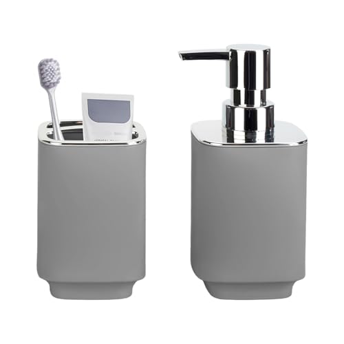 Grey Bathroom Accessories 2 Pcs, Soap Dispenser and Toothbrush Holder Set | Boho Bathroom Set for Bathroom Countertop Storage and Decor - color: Grey, size: 2PCS