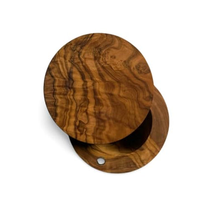 Handmade Olive Wood Salt and Pepper Keeper with Magnetic Swivel Lid – Rustic Wooden Salt Cellar for Kitchen Storage.